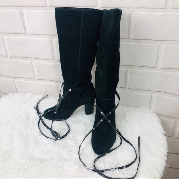 Leather suede black boots with studded straps - Picture 7 of 8